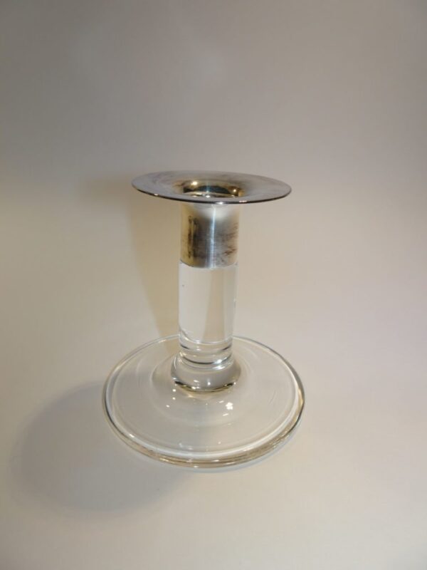 Lysestage i glas med sølvkrave h: 11 cm, Kosmos, Holmegaard